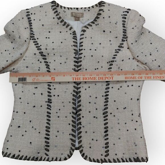 Nordstrom Studio 121 Cream Lace trim tweed wool blend cardigan blazer jacket L - Picture 2 of 8